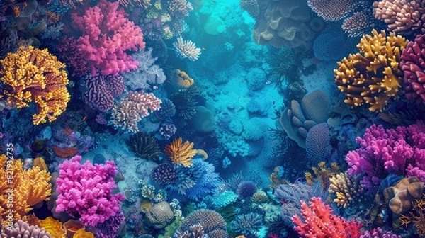 Fototapeta A top view of a vibrant coral reef with colorful marine life and crystal-clear water, providing a breathtaking underwater scene