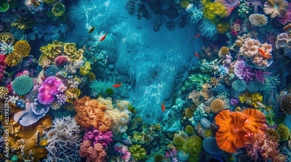 Fototapeta A top view of a vibrant coral reef with colorful marine life and crystal-clear water, providing a breathtaking underwater scene