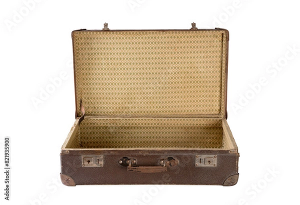 Fototapeta Old open brown worn out empty suitcase isolated on white background with clipping path