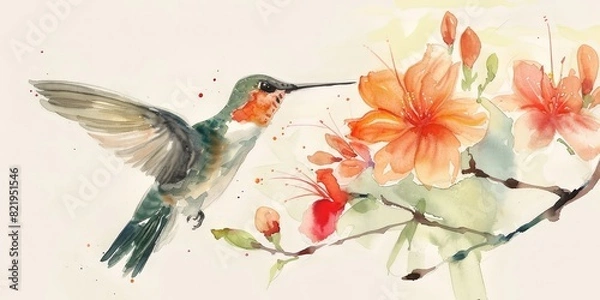 Fototapeta Watercolor painting of a warbler looking for nectar from a flower. Use for wallpapers, posters, postcards, brochures.