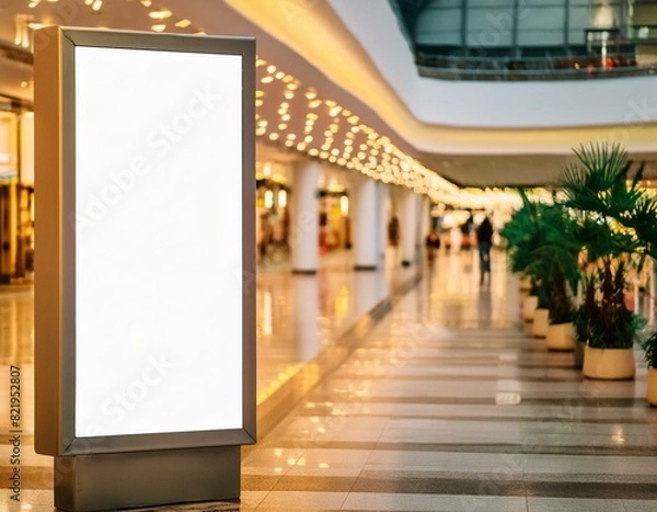 Fototapeta Mock up. Vertical advertising billboard, lightbox with empty digital screen in shopping center. Blank white poster advertising, public information board stands in walkway of shopping mall or airport