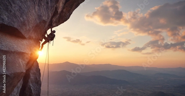 Obraz Climber on cliff at sunset