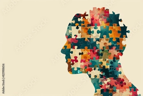 Obraz Illustration banner design of human profile made of colorful puzzle pieces. Knowledge and logic concept. Header with connecting jigsaw puzzle pieces with copy space 