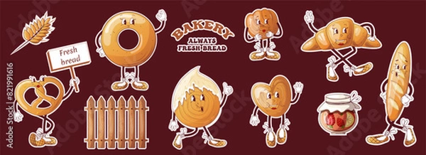 Fototapeta Fancy mascots of bread and confectionery with funny bakery-themed expressions.Groovy style stickers.