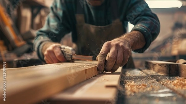Obraz Carpenter Building a Wooden Table: In a woodworking shop, a carpenter carefully constructs a wooden table, using precision tools to ensure each joint fits perfectly 