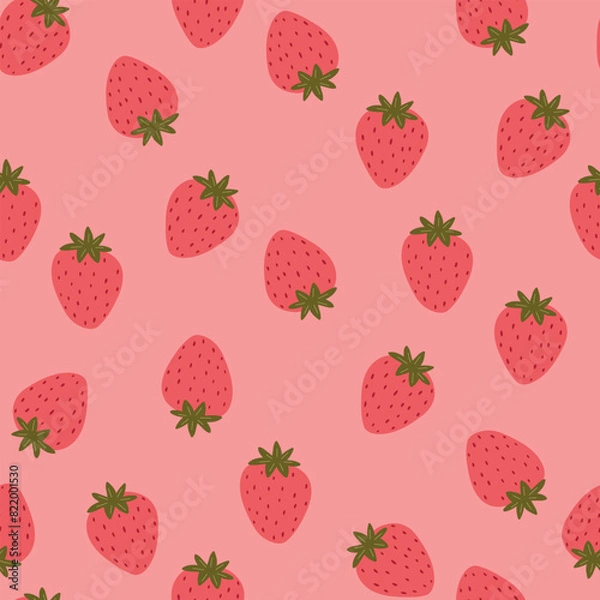 Fototapeta Seamless pattern with cartoon strawberry on pink background. Vector illustration.