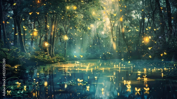 Fototapeta A magical fantasy forest with fireflies and glowing flowers