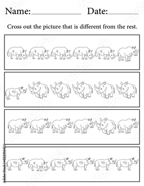 Fototapeta Rhino Puzzle. Printable Activity Page for Kids. Educational Resources for School for Kids. Kids Activity Worksheet. Find the Different Object