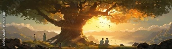 Fototapeta Beautiful sunset over a giant ancient tree, with people admiring the view and a serene landscape in the background.