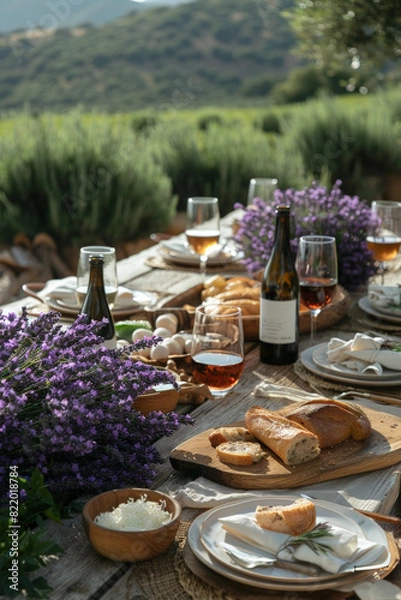 Obraz Table set with wine and bread in vineyard