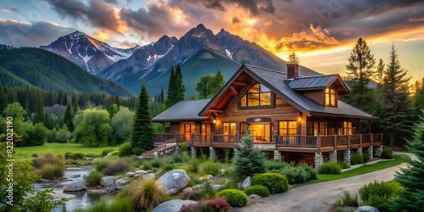 Obraz background of a modern house against the backdrop of mountains