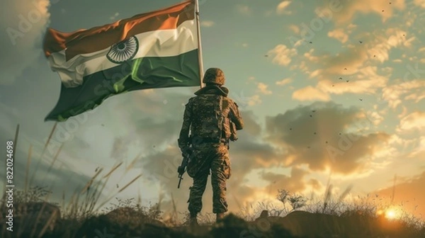 Fototapeta Indian soldier with national flag. Independence day concept, 15th August
