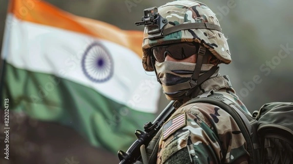 Fototapeta Indian soldier with national flag. Independence day concept, 15th August