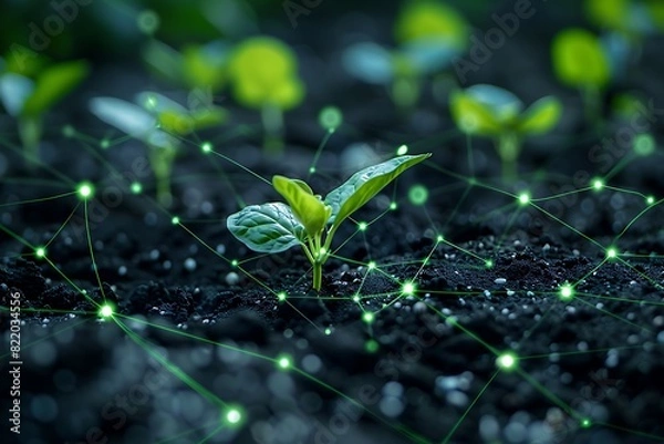 Fototapeta Young seedlings growing from soil with digital network concept, representing smart agriculture and technology integration in farming.