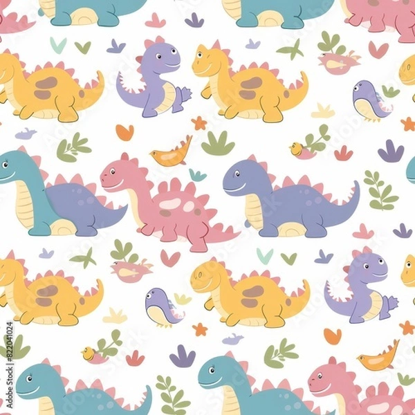 Fototapeta Seamless Pattern with Cute Dinosaurs