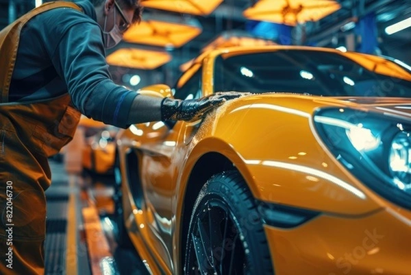 Fototapeta Close up of a auto body mechanic buffing a scratch on sports car
