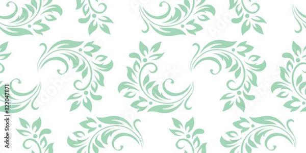 Fototapeta Vintage seamless plant pattern of light green stylized leaves, flowers and curls on white background. Retro style. Vector backdrop, texture for victorian wallpapers, wrapping paper, fabric