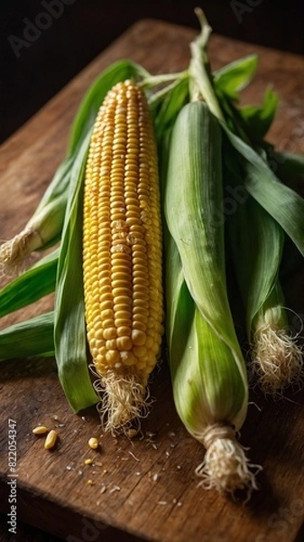 Fototapeta Fresh ear of corn rests on wooden surface, with husk partially peeled back to reveal vibrant yellow kernels. Lighting in scene enhances textures, from plump kernels to wispy silk, rough husk.