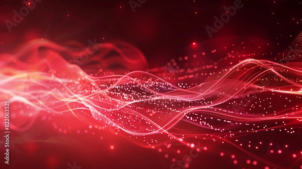 Fototapeta Abstract red tech background with digital waves, Dynamic network system, Artificial neural connections, Technology background. 