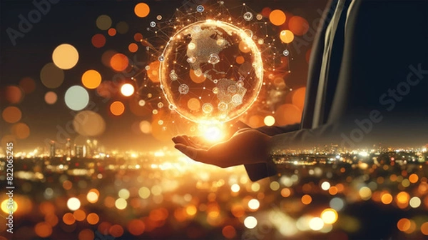 Fototapeta Business man holding globe with business network