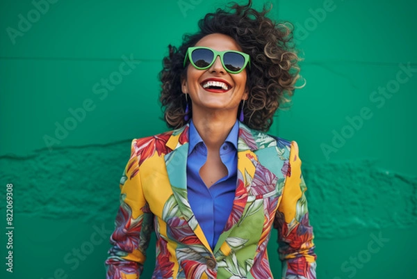 Fototapeta happy woman in her 20s or 30s with sunglasses wearing bold, modern, colorful jacket and blue shirt on green background; smiled person is looking up