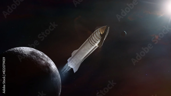 Fototapeta Heavy Starship take off mission on Moon background. Elements of this image furnished by NASA.