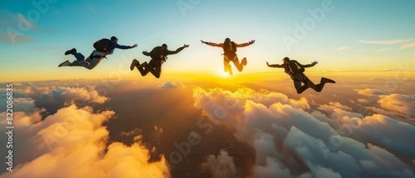 Fototapeta Group of skydivers free falling at sunset above clouds.