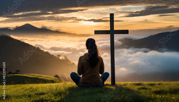 Fototapeta Silhouette of woman praying at sunset by cross, symbolizing faith and introspection