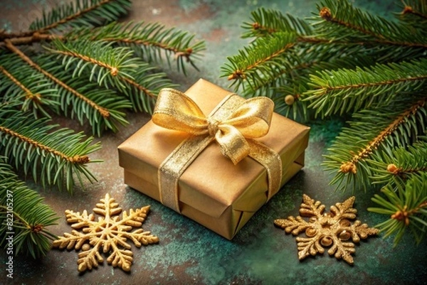 Fototapeta Wrapped Christmas gift with festive decorations.