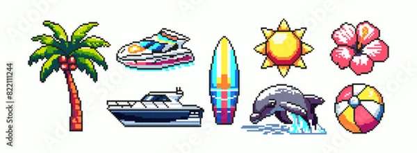 Fototapeta Trendy set of elements for summer holidays in the style of pixel art, isolated on a white background. Inspired by the games of the 80s, 90s. Palm tree, yacht, speedboat, hibiscus, bell, sun, surfboa