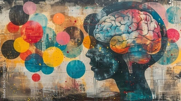 Fototapeta Abstract art collage with brain illustrations and thought bubbles, symbolizing the complexity of the thought process