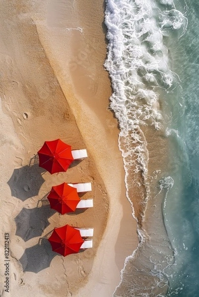 Fototapeta top down view of two umbrella sea in a beautiful blue sea and sand, minimal scene, summer theme concept