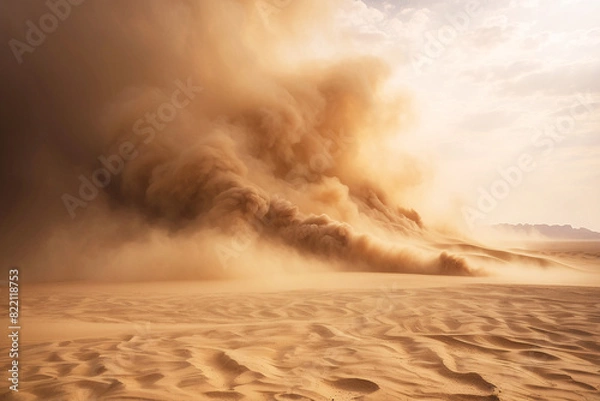 Fototapeta A dramatic photograph capturing a massive dust storm sweeping over the barren desert landscape under a muted sky