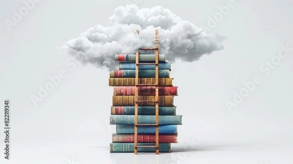 Fototapeta Books arranged in a tall stack with a ladder going up into the clouds, representing the heights of knowledge and learning