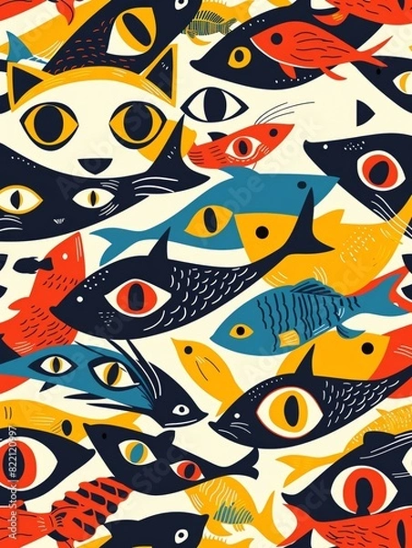 Fototapeta Colorful, abstract seamless pattern with hand-drawn fishes and cats.