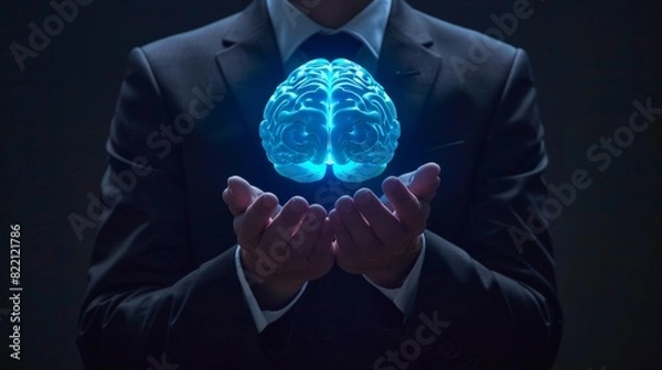 Fototapeta A person in a suit holding a luminous blue brain with both hands, representing advanced technology, innovation, and artificial intelligence.