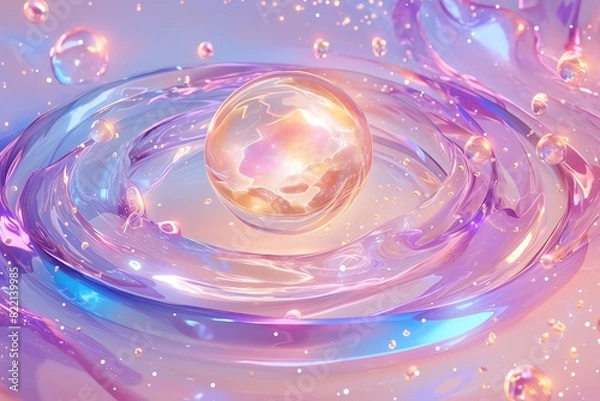 Fototapeta galaxy with a ring made out colorfull gas, with watercolor in water patern, all soft , style of candyland, 3d rendered , use prominent color orange neon and gold, pastell background, Use marshmellow a