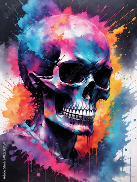 Fototapeta Embrace the Halloween spirit with this spooky watercolor of a skull. The haunting artwork captures the essence of death and the dead, making it a perfect addition to your scary decor.