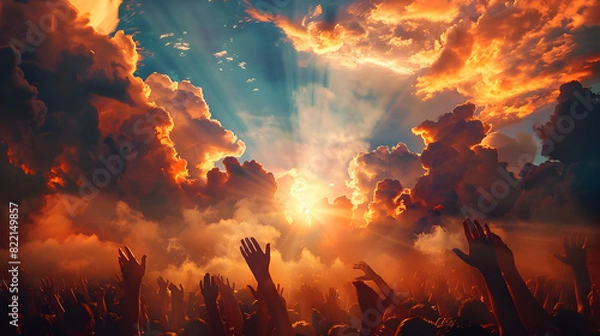 Fototapeta Crowd Rejoicing Under Radiant Sunset Clouds - Generative AI