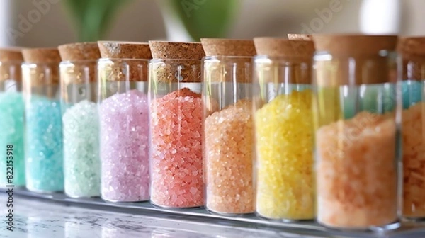 Fototapeta A set of colorful bath salts in clear glass containers with cork lids