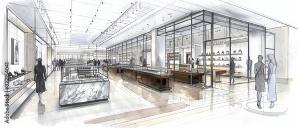 Fototapeta Architectural Sketch of Modern Retail Store.