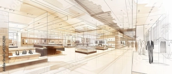 Fototapeta Architectural Sketch of Modern Retail Store.