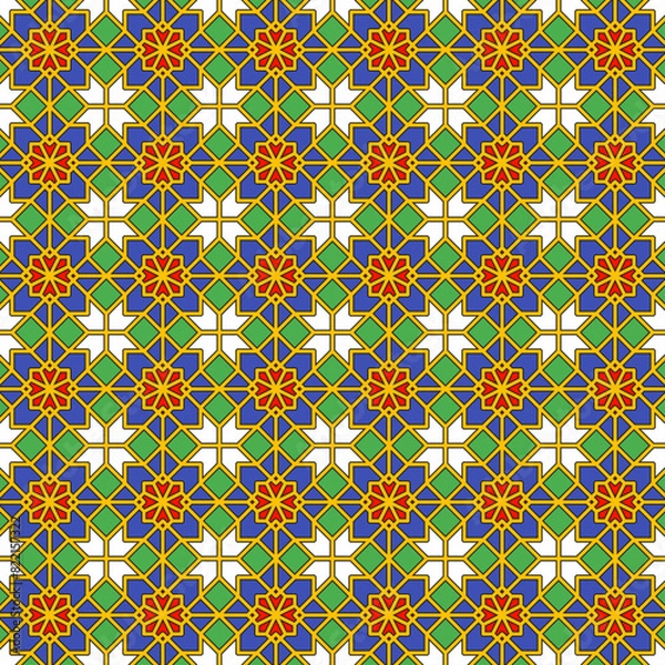 Fototapeta Colorful traditional Islamic geometric pattern with interlocking polygon shapes for Islamic decoration, textile, fabric, wallpaper, wrapping paper, background, etc.