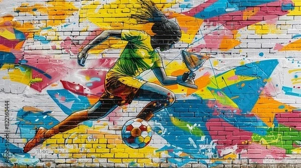 Obraz Colorful brick wall with colorful woman soccer player is kicking the ball, graffiti art