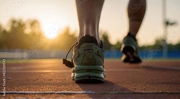 Fototapeta Focus on running shoes of athletic runner training in stadium at sunset