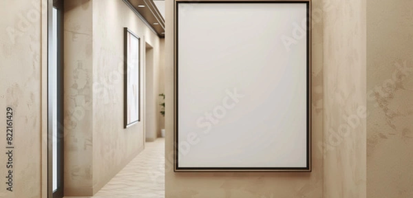 Obraz Expansive wide-angle minimalist beige corridor with a rectangular blank frame.