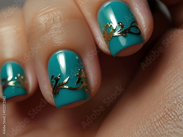 Fototapeta a woman's nails with a gold design and a silver bow.