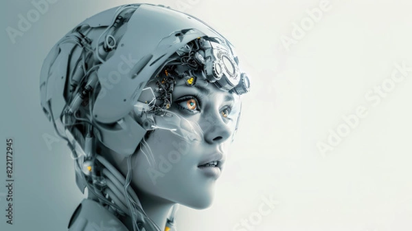 Fototapeta cybernetic girl robot on white background, female android, future, mask, cyborg, robotic technology, scientific, science fiction, futurism, face, portrait, eyes, artificial, virtual reality, character