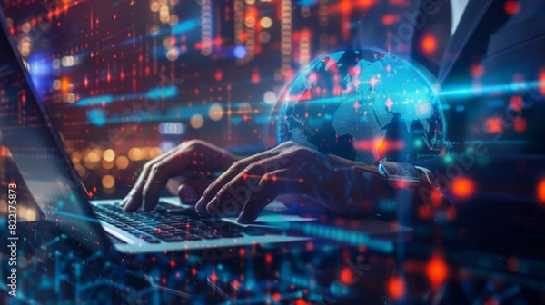 Fototapeta Digital Technology, IoT Internet of Things, Global business. Business man using laptop with global internet network connection with cloud computing and data management, information technology