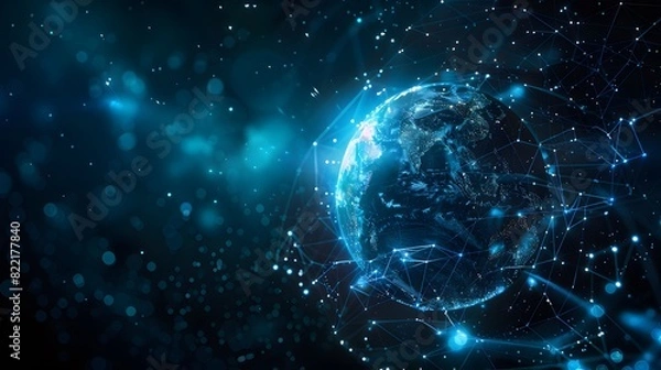 Fototapeta Digital planet Earth with glowing connections and data flow lines in space, depicting a global network concept as a background for technology or business theme design.
